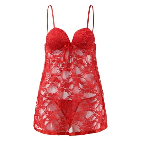 

zuwimk Lingerie For Women Naughty Women Lingerie Lace Nightdress Mesh Chemise V Neck Sleepwear Red M