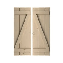 Ekena Millwork 16 1/2"W x 58"H Rustic Three Board Joined Board-n-Batten Knotty Pine Faux Wood Shutters w/Z-Board (Per Pair), Primed Tan