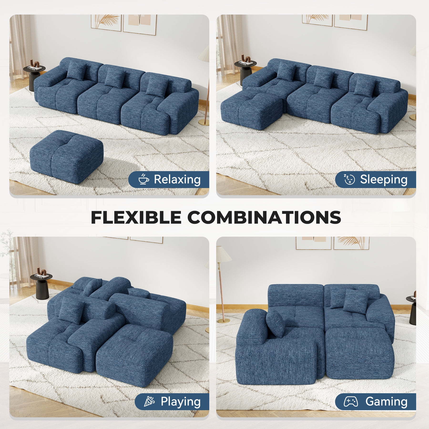 Daluvenix 122" Modern L Shaped Modular Sectional Sofa, Chenille Modular Cloud Couch for Living Room with Deep Seat, 4 Seater Convertible Cloud Couch Sofa Set, No Assembly Required, Blue