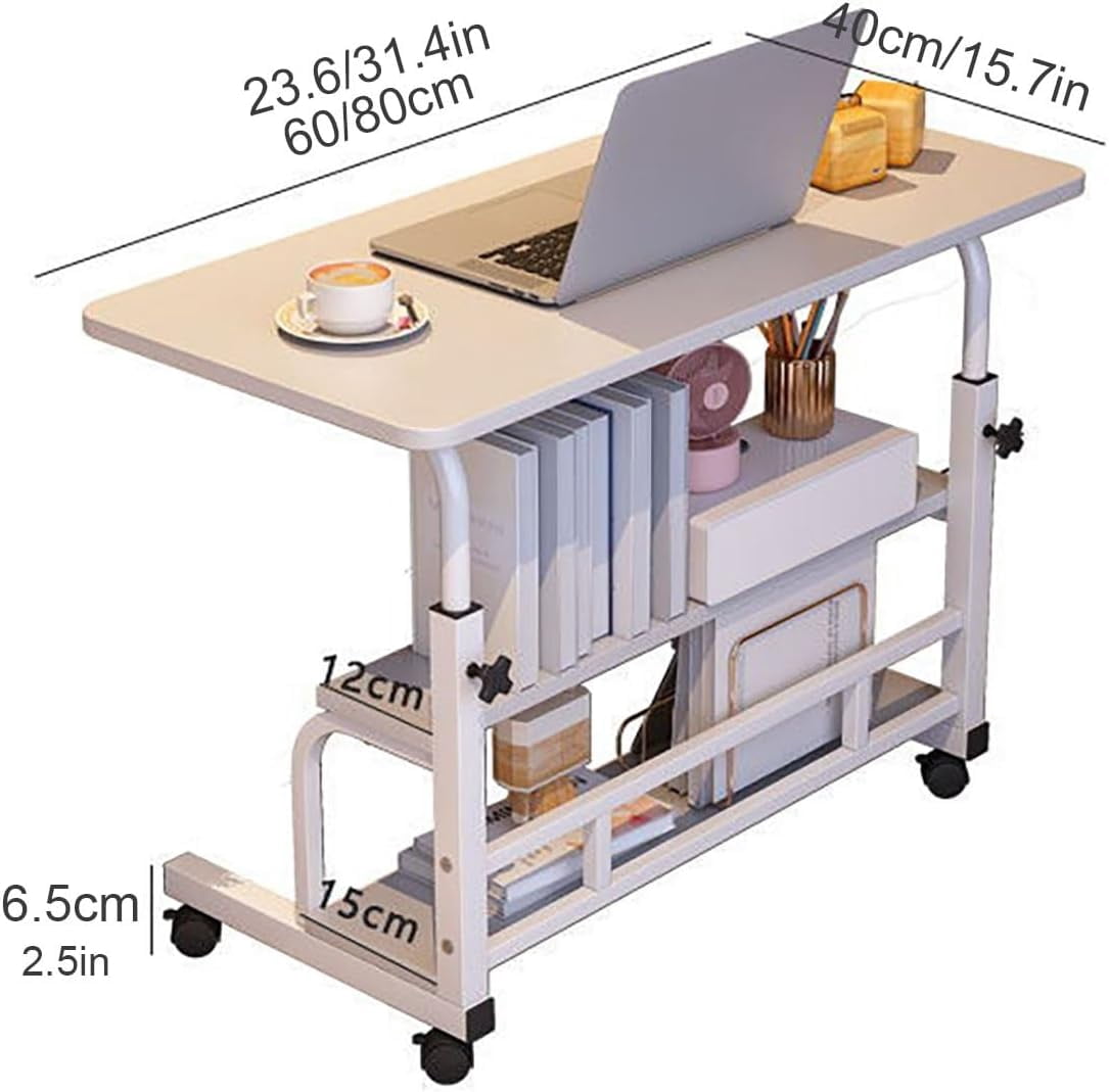Portable Desk with Wheels Small Standing Desk on Wheels Adjustable Height Rolling Desks for Small Spaces, 32" Computer Desks with Storage Shelves for Home Office Study White