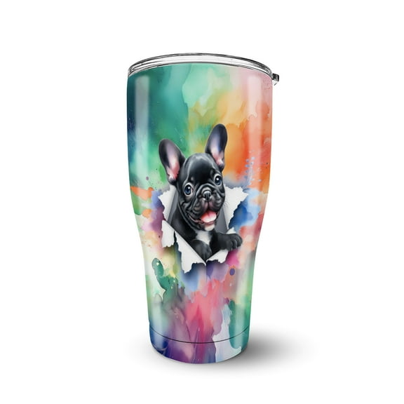 Funny Watercolor Adorable French Bulldog Peeking Through Torn Paper Effect 30oz Stainless Steel Tumbler Insulated Cup with Lid Dog Lover Gifts - 00026
