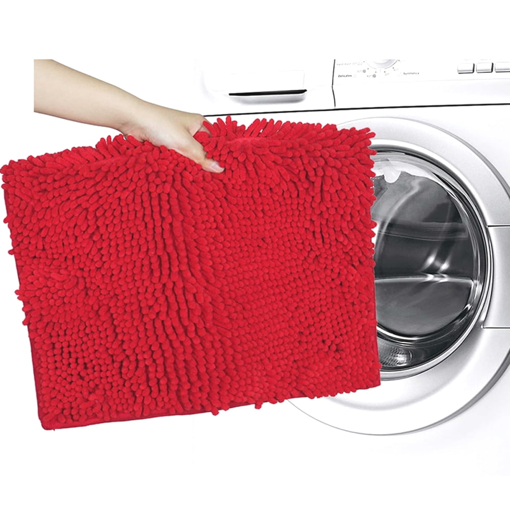 Soft Chenille Bathroom Rugs 36" x 24" Red Shaggy Absorbent Non-Slip Backing Bath Mats Machine Washable