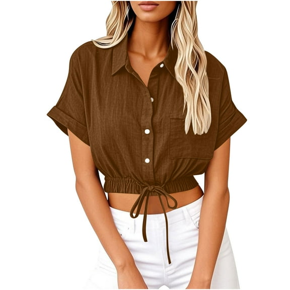 Tumotour Linen Tops For Women Summer Button Down Cropped Shirts Short Sleeve Casual Crop Tops Solid Lapel Blouse Shirt