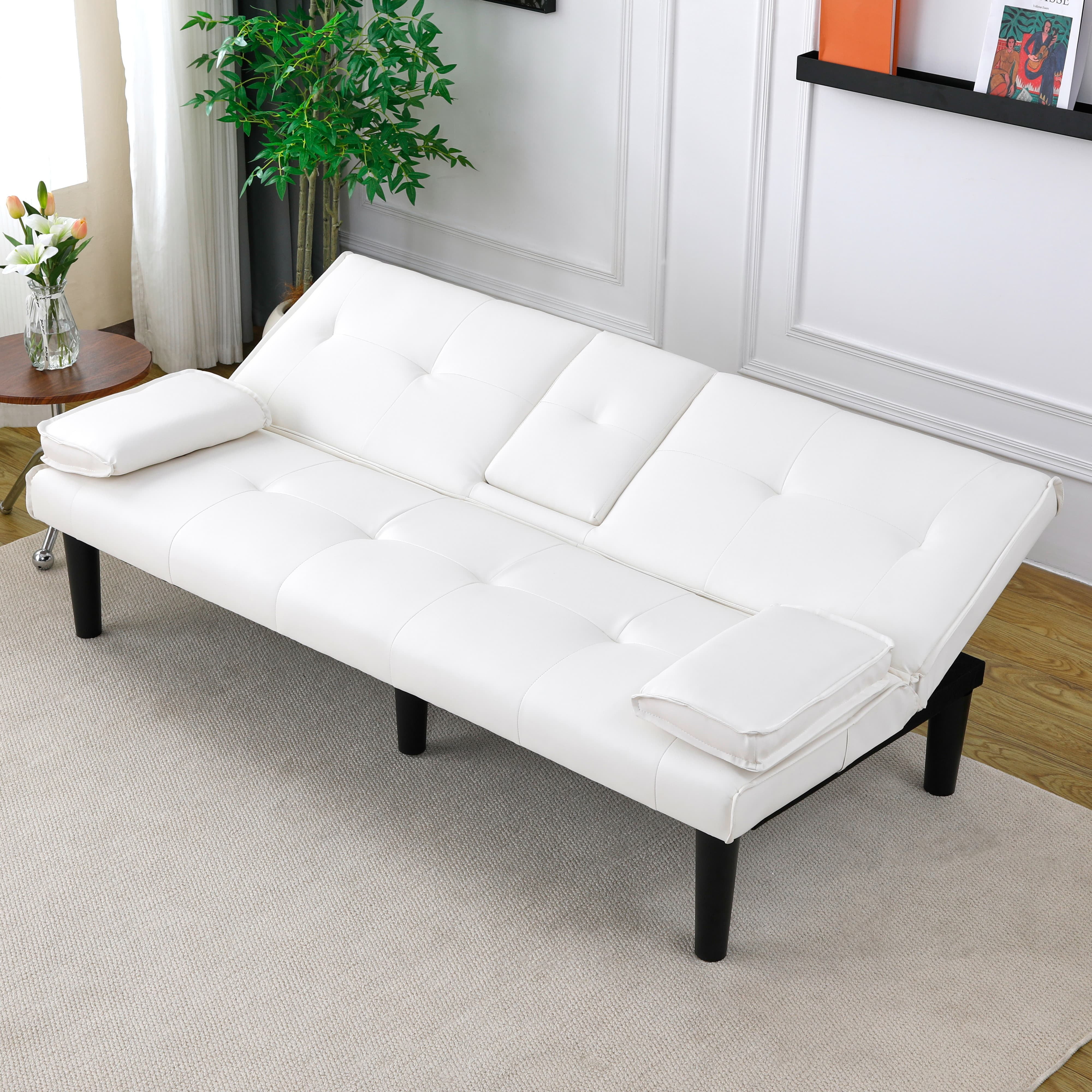 MAYEERTY 67" Convertible Sofa Bed PVC Loveseat Sofa with Cup Holder for Apartment, Living Room, Small Space, White