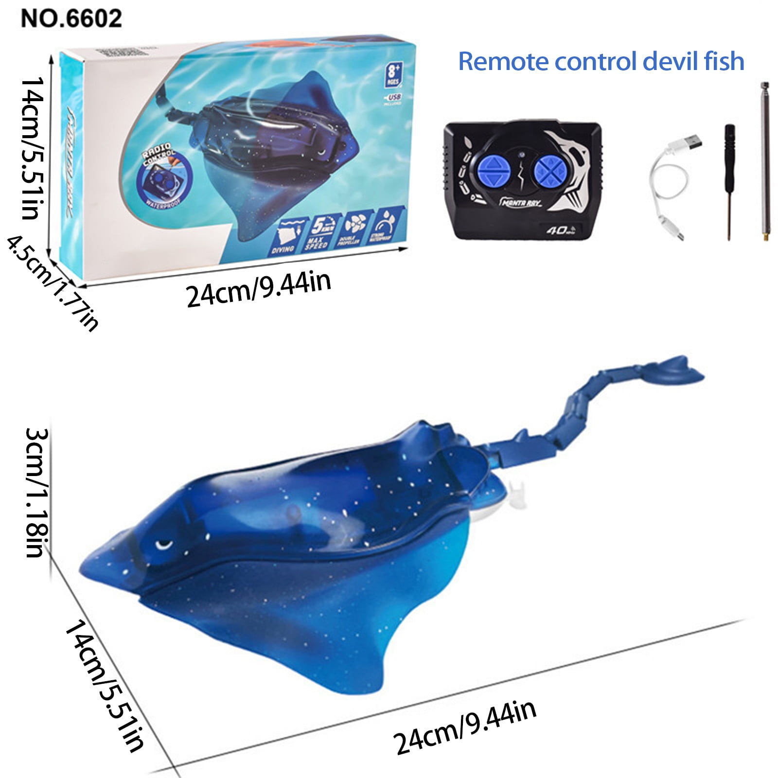 Remote Control Diving Ray Pool Toy for Kids, High Simulation Robot Fish Toy with LED Lights, Waterproof RC Toy for Swimming Pool Bathroom Bath Water Play(Blue)