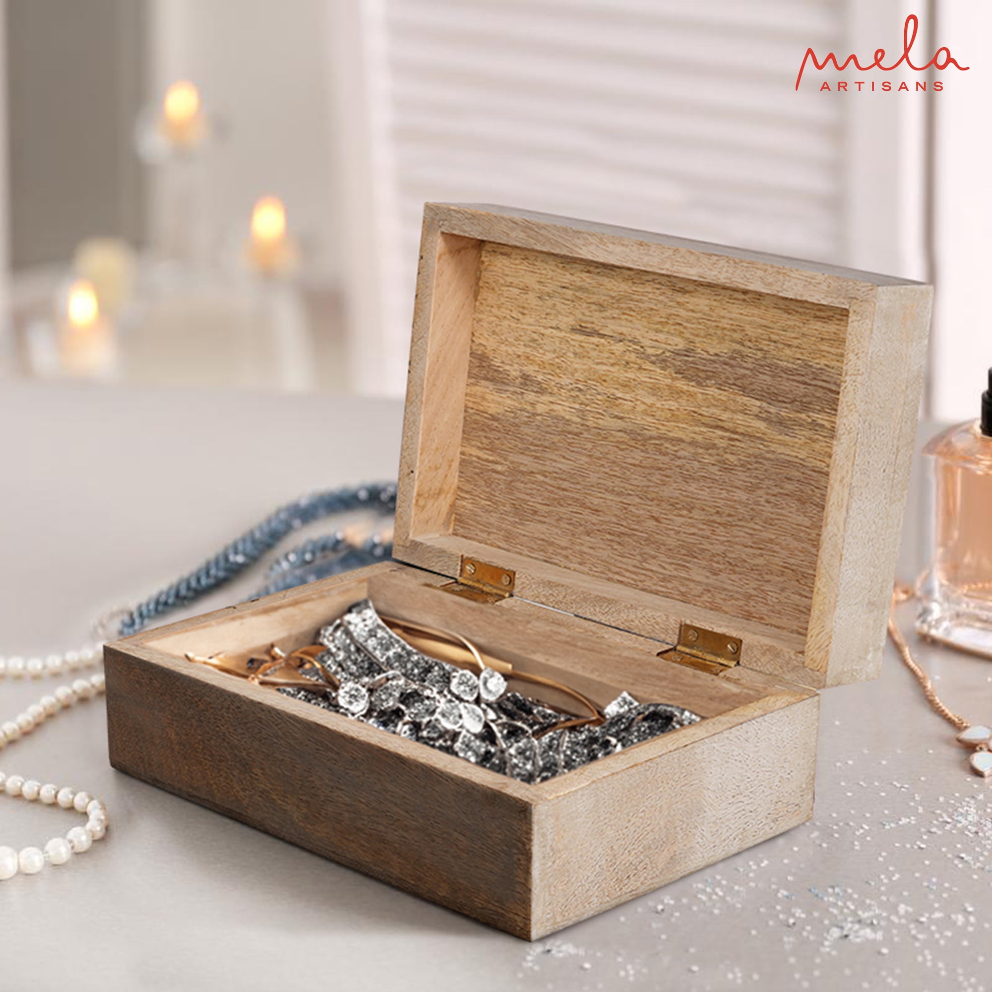 Mela Artisan Large Wooden Box, Handmade Mangowood Keepsake Box, Grey Memory Box, 9" x 6" x 3.5"