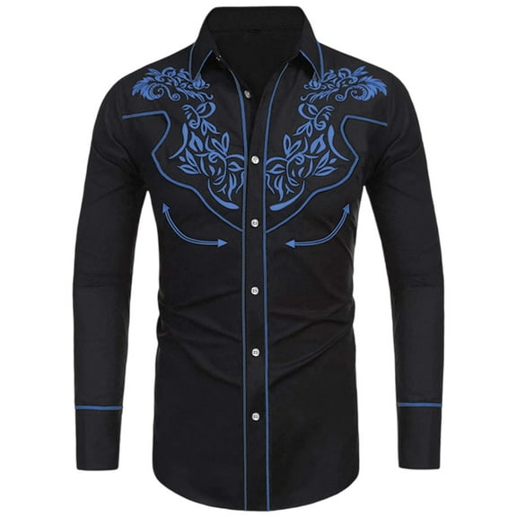 Mens Long Sleeve Shirt Solid Western Cowboy Vintage Shirt Loose Fit Big Size Casual Button Blue L
