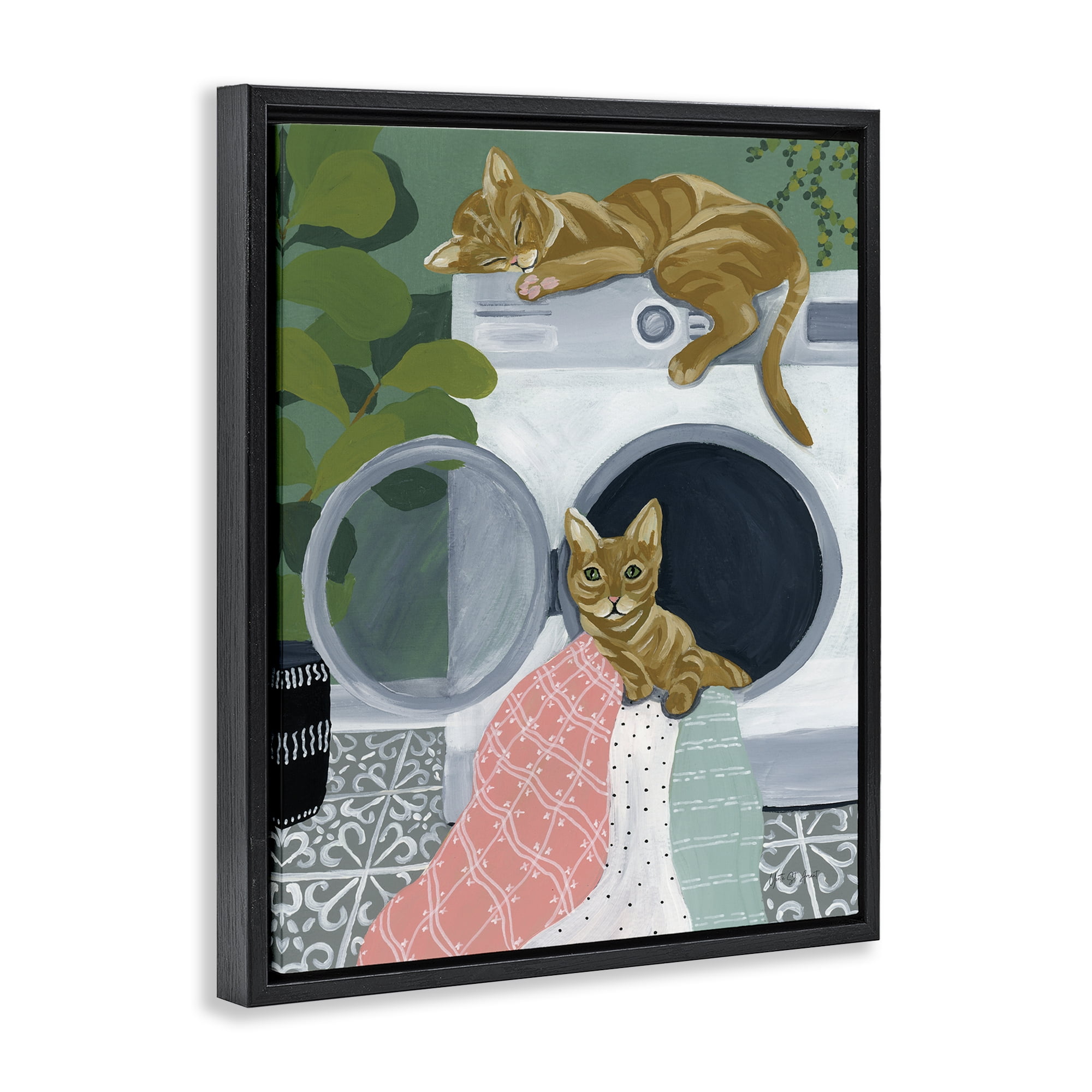 Stupell Industries Cuddling Laundry Cats Bath & Laundry Painting Black Floater Framed Canvas Art Print Wall Art, 17 x 21