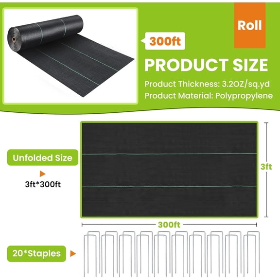 3x300FT Weed Barrier Fabric - 3.2oz Heavy Duty Landscape Fabric for Driveway, Gravel, Greenhouse, Underlayment