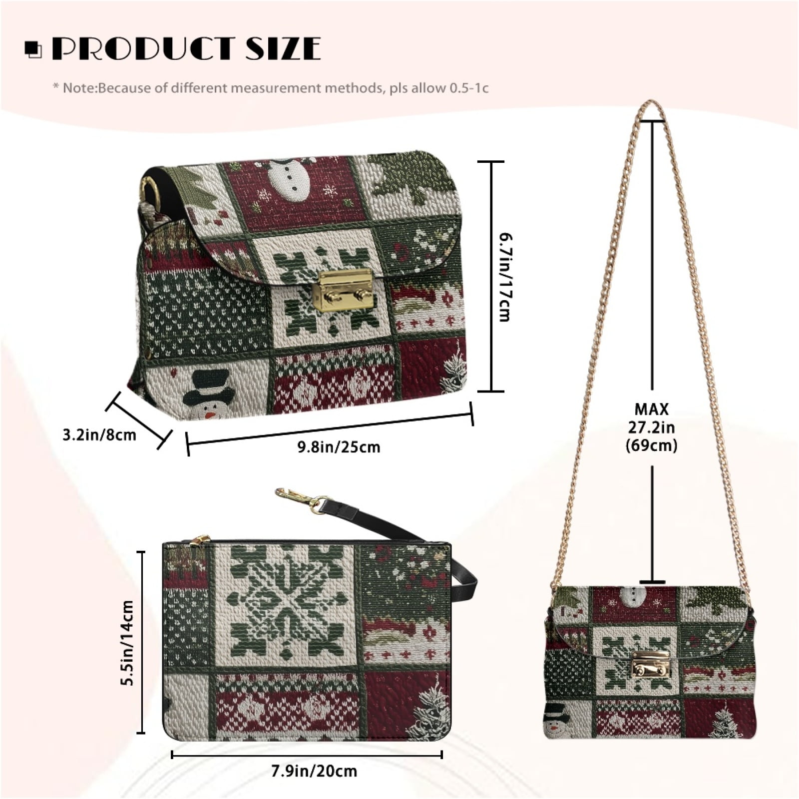 SCRAWLGOD Christmas Plaid Print Green White Red Crossbody Bags for Women Trendy PU Leather Shoulder Handbags Purses for Women with Detachable Chain Strap