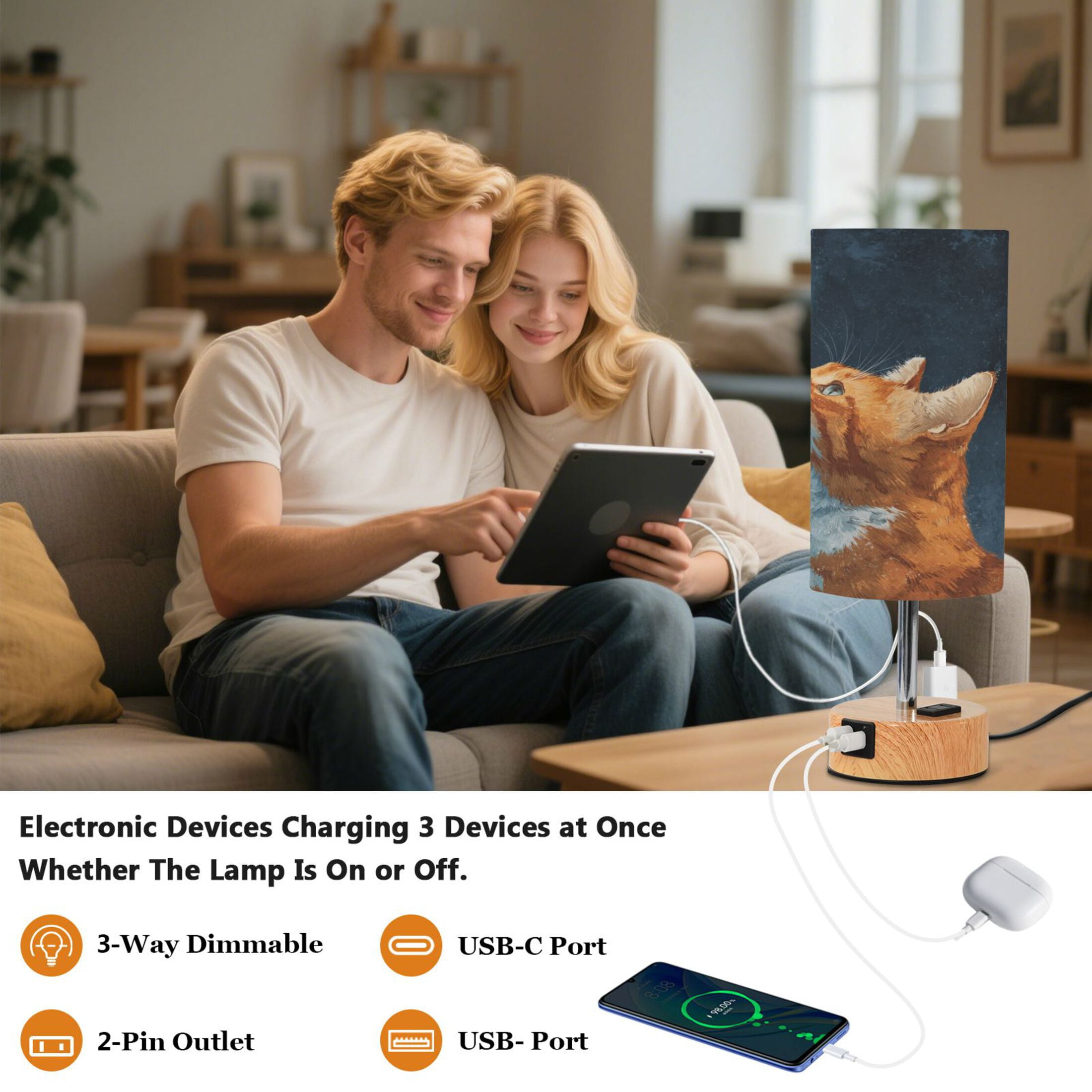 Touch-Control 3-Color Desk Lamp with Plug – Energy-Saving LED + 3 Simultaneous Charging Ports Realistic Cute Orange Cat