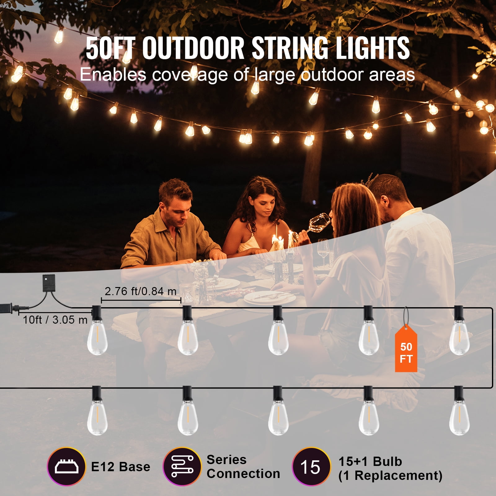 VEVOR LED Outdoor String Lights, 50FT, 2700K Dimmable Outside Patio Lights with 15 S14 Shatterproof Bulbs E12 Socket Base, Waterproof Hanging Lights for Porch Backyard Balcony Deck Party Decor