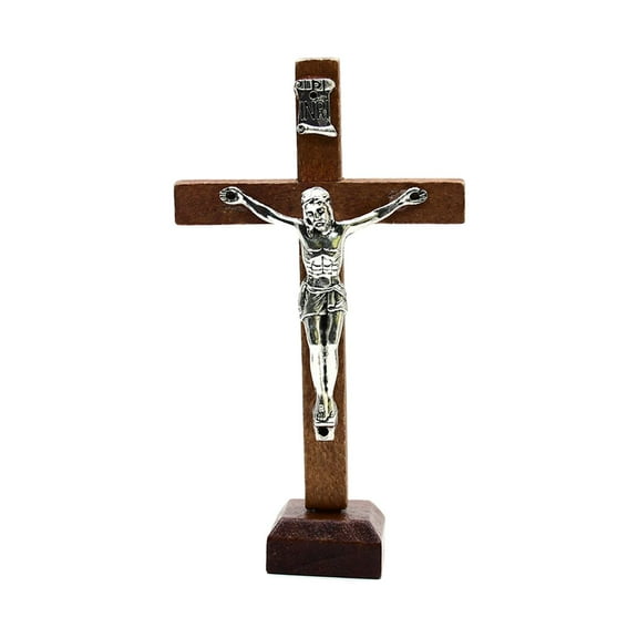 Wood Cross Crucifix jesus Statue Ornament for Shelf Decor Gifts Brown
