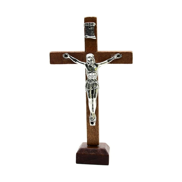 Cruz de madera religiosa Crucifijo Jesucristo Estatua Figura Colgante o de pie Marrón
