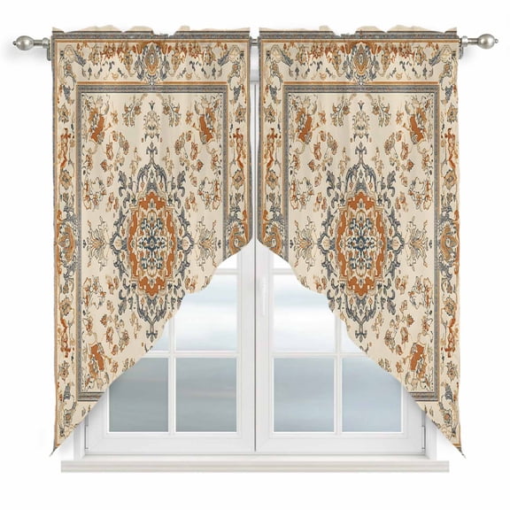 Swag Valance Curtains for Windows, Boho Orange Light Filtering Kitchen Curtains with Rod Pocket, Southwestern Ethnic Geometric Vintage Window Treatment Valances for Living Room, 36x45 - 2 PCS