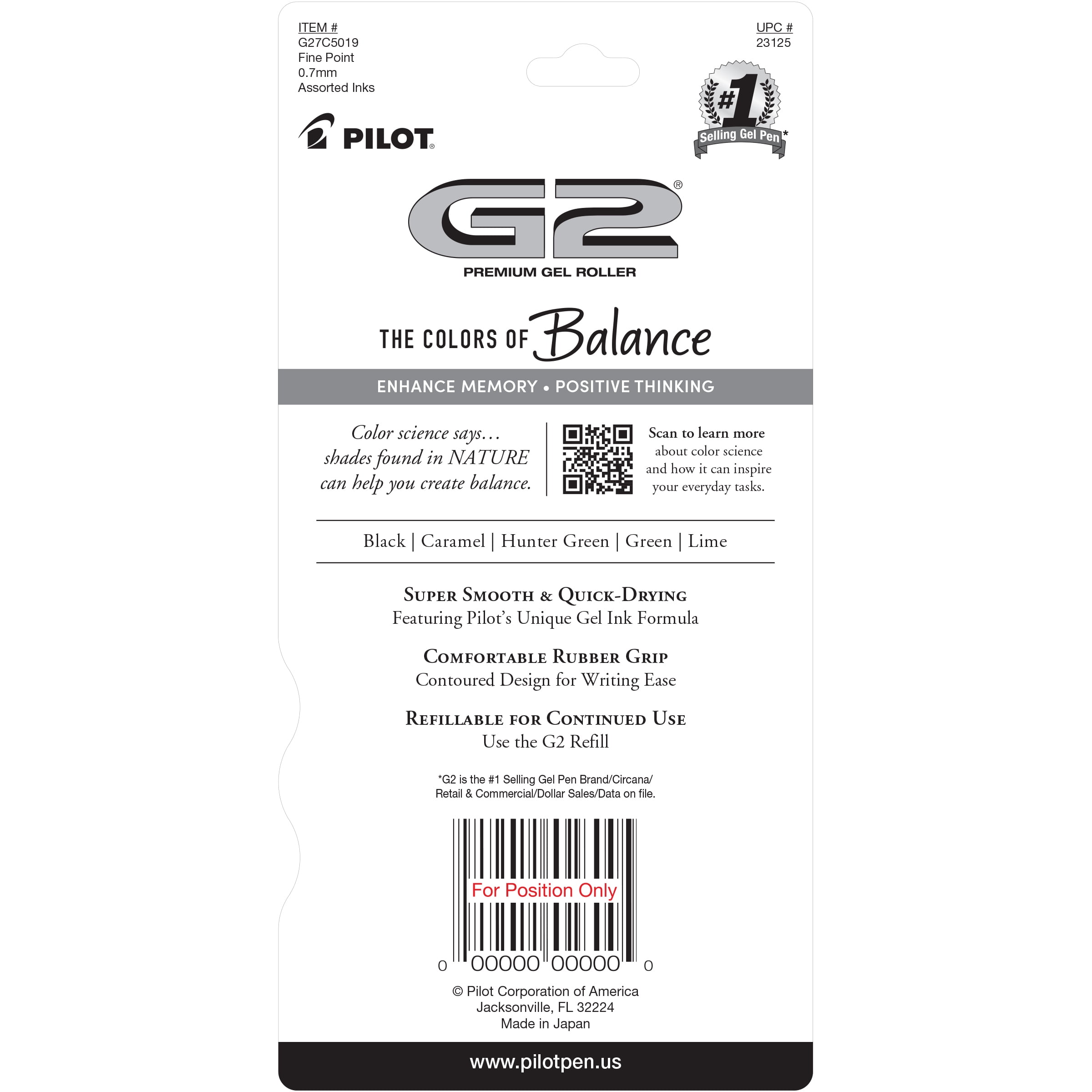 Pilot G2 Green Premium Gel Pens, Fine Point, 0.7mm, Assorted Ink, 5 Count