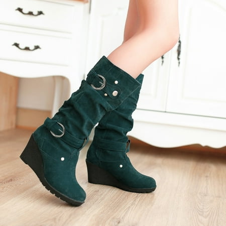 

FZM Women shoes cowboy boots Women s Winter Flat Shoe Round Toe Thicken Wedges Ladies Long Tube Boots