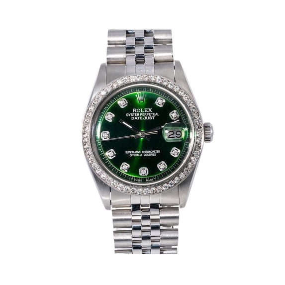 Pre-Owned Rolex Datejust 36MM 1601 Green Diamond Dial Diamond Bezel Stainless Steel Jubilee Bracelet 1.2ct