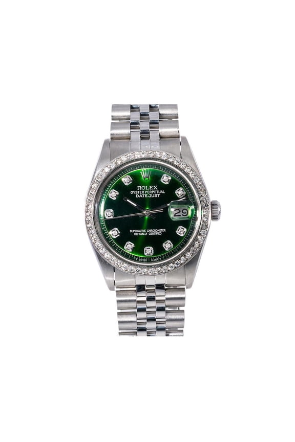 Pre-Owned Rolex Datejust 36MM 1601 Green Diamond Dial Diamond Bezel Stainless Steel Jubilee Bracelet 1.2ct