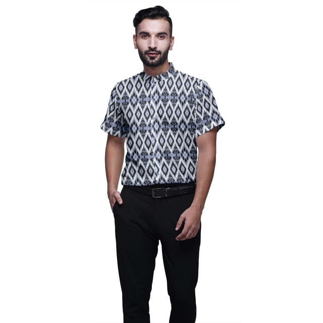 BESTMAN Chemise en Coton pour Hommes Manches Courtes Col Mandarin Imprimé Chemise Décontractée