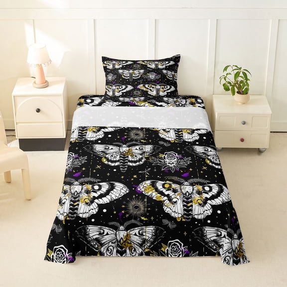 Homewish Death Moths Twin Sheets,Halloween Spooky Skull Bedding,Yellow Purple,3-Piece,1 Fitted Sheet and 1 Pillowcase