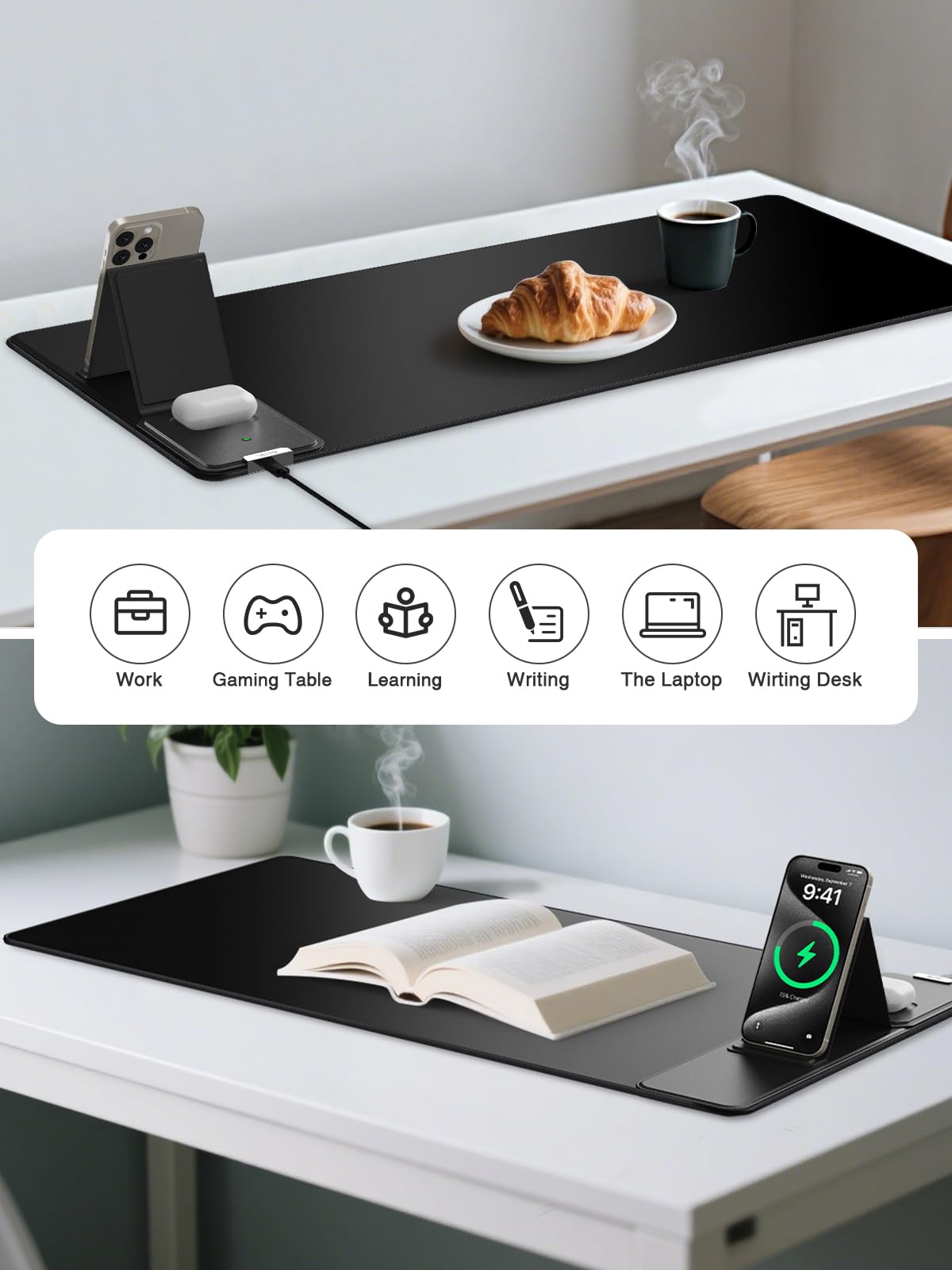 Miroddi Gaming Mouse Pad with Wireless Charging, Desk Mousepad with Phone Holder, 15W Fast Charging Large Computer Keyboard Mat for Home, Office