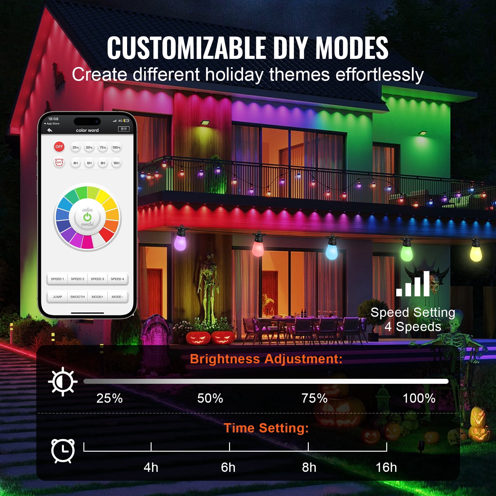 VEVOR RGB Outdoor String Lights, 100FT, Outside Patio Lights with APP Control 30 Bulbs, 15 Single-Color Adjustable Brightness Time Setting, Waterproof Hanging Lights for Halloween Decoration