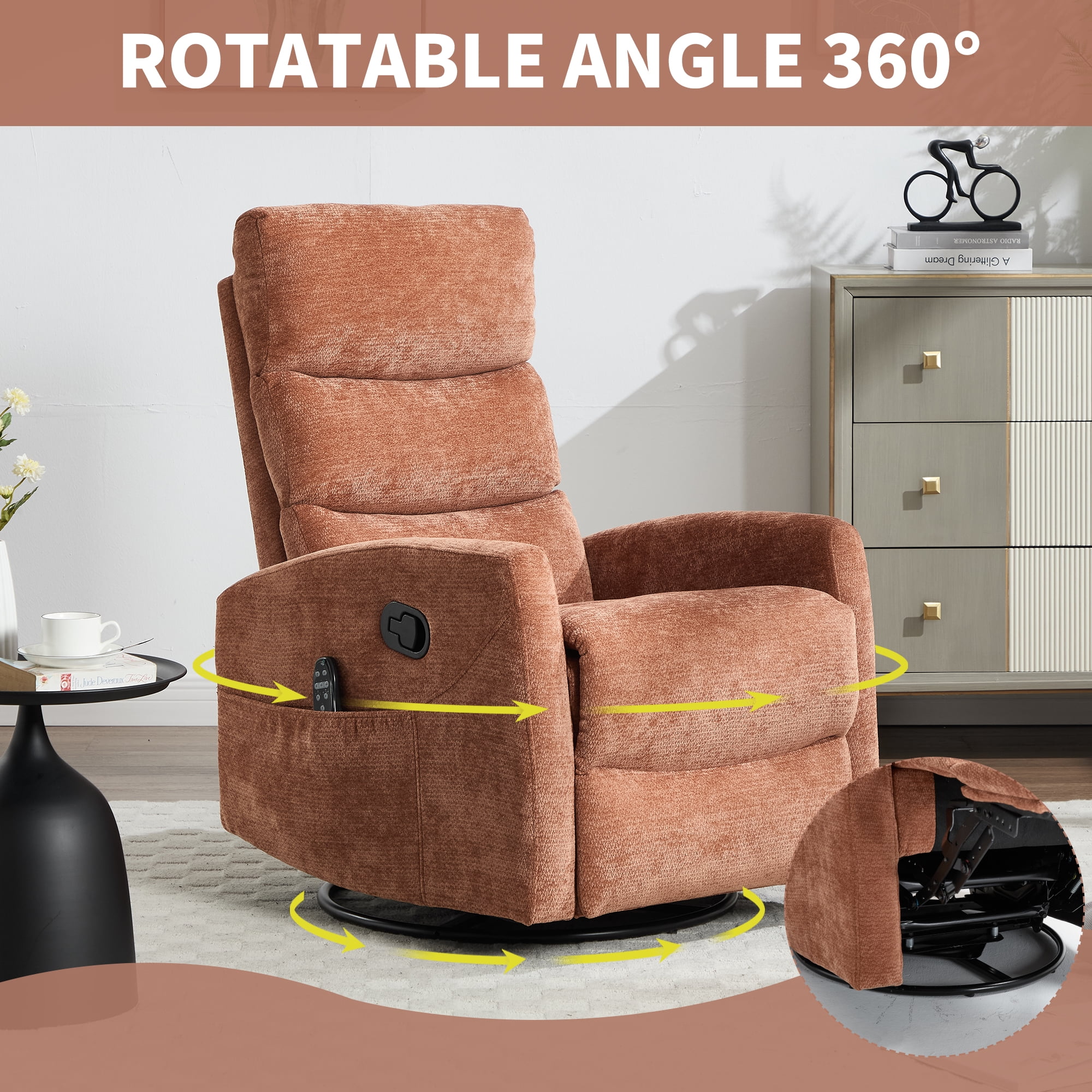 Aukfa 360° Swivel Recliner Rocking Chair with Massage and Heat for Living Room & Nursery, Chenille, Orange