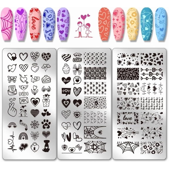 3pcs Love Heart Nail Art Templates Heartbeat Nail Stamping Plate Mixed Hearts Art Stencils Stainless Steel Image Plates DIY