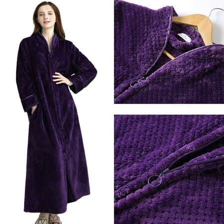 

SUPERHOMUSE Womens/Men Flannel Fleece Robes Winter Warm Housecoat Long Zipper Bathrobe Nightgown Sleepwear Pajamas