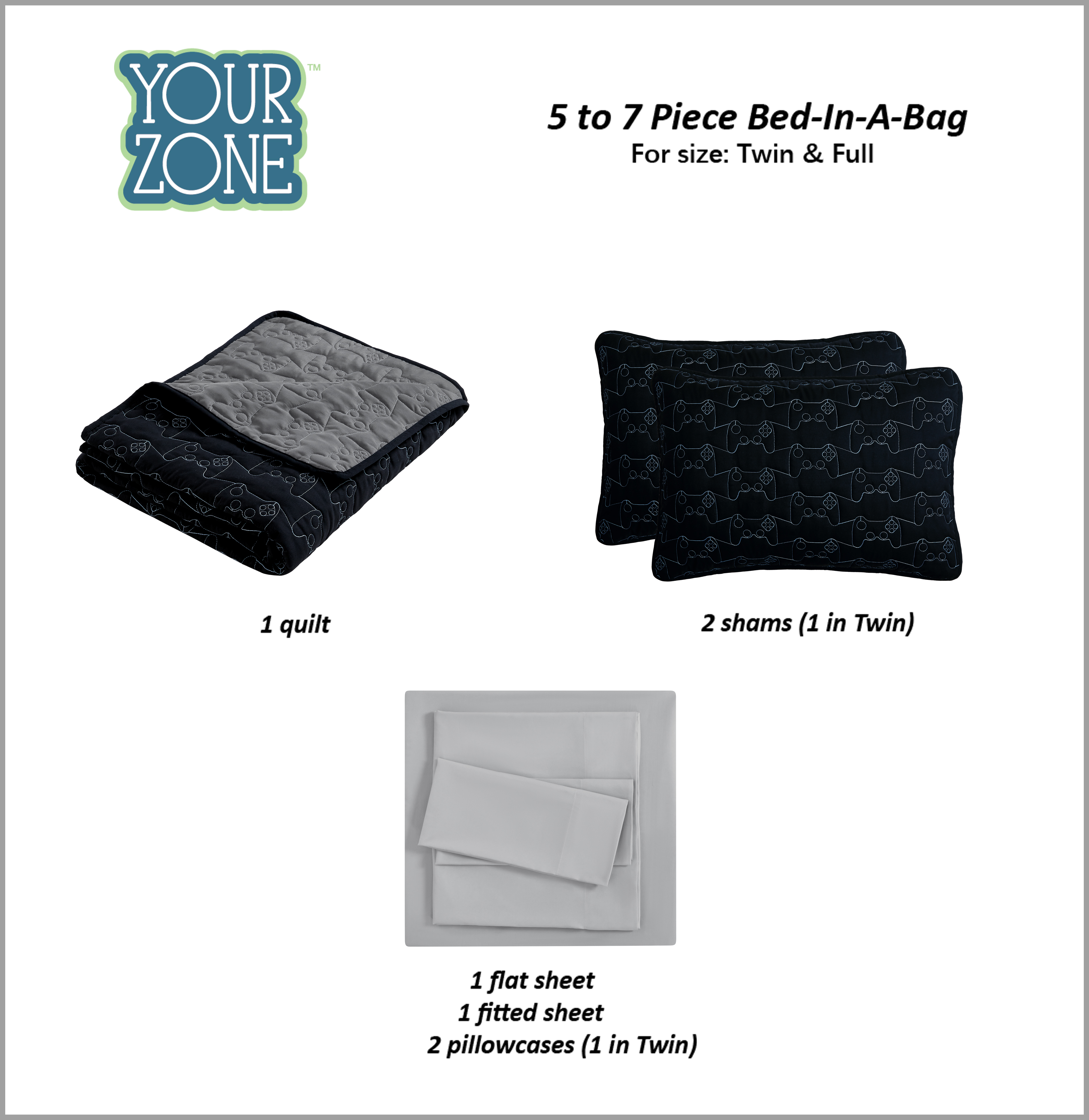 YOUR ZONE KIDS BLACK AND GRAY REVERSIBLE QUILT SET WITH GRAY SHEETS, GAMER, FULL, 7 PIECE, MICROFIBER POLYESTER
