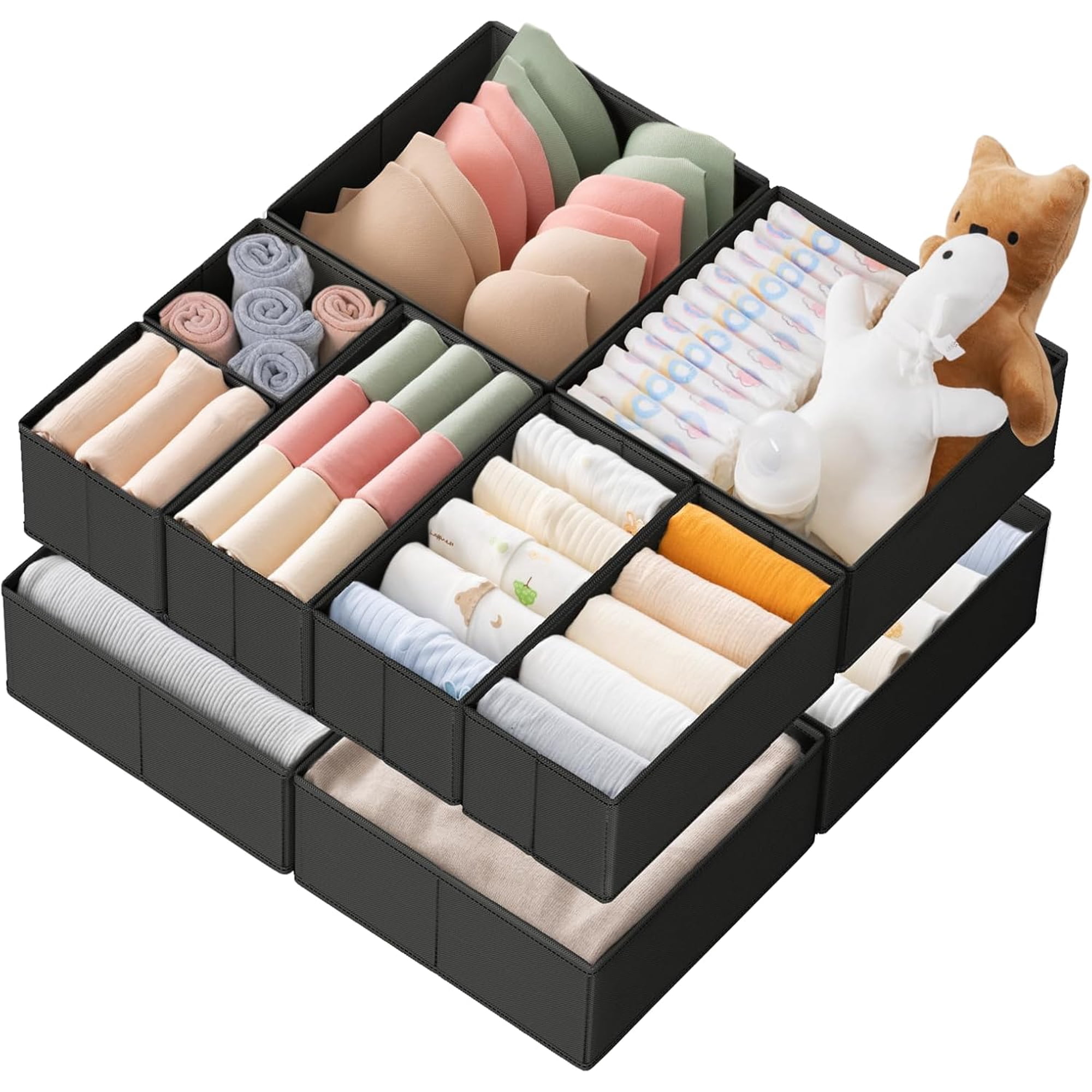 PETGLE Drawer Organizer Clothes 10 Pack Dresser Organizer for Baby Clothes Underwear Sock- Foldable Closet Organization and Storage Dividers Bins for Nursery Bedroom (Black)