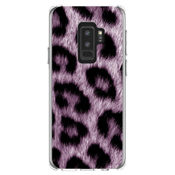 DistinctInk Clear Shockproof Hybrid Case for Samsung Galaxy S9  PLUS (6.2" Screen) - TPU Bumper, Acrylic Back, Tempered Glass Screen Protector - Purple Black Leopard Fur Skin Print