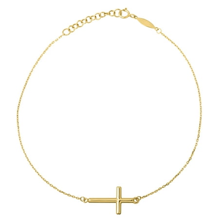 Simply Gold 10kt Yellow Gold Side Cross on Cable with Extender Anklet