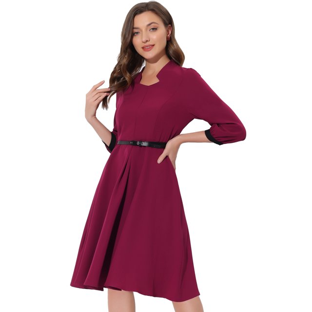INSPIRE CHIC Vestido de trabajo de manga 3/4 para mujer con cinturón, cuello en V, vestido informal de oficina borgo?a M
