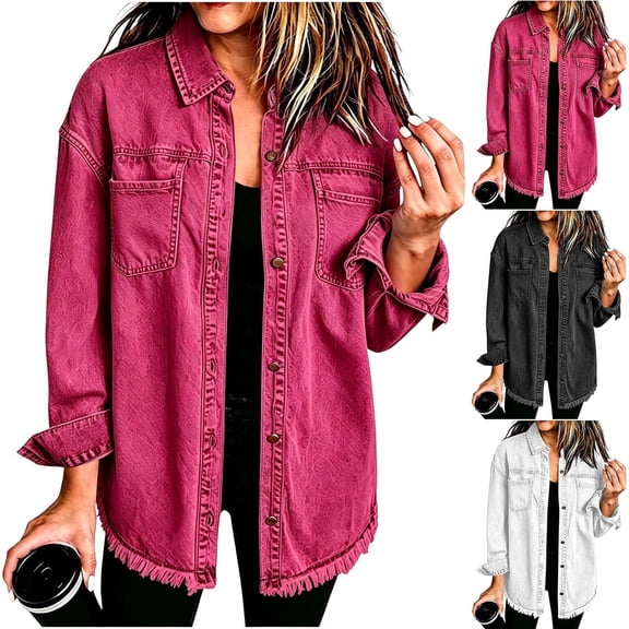 Women's Denim Overshirt Jacket Lapel Long Sleeve Fringed Hem Loose Casual Jean Shacket Vintage Washed Streetwear Fall Denim Coats White