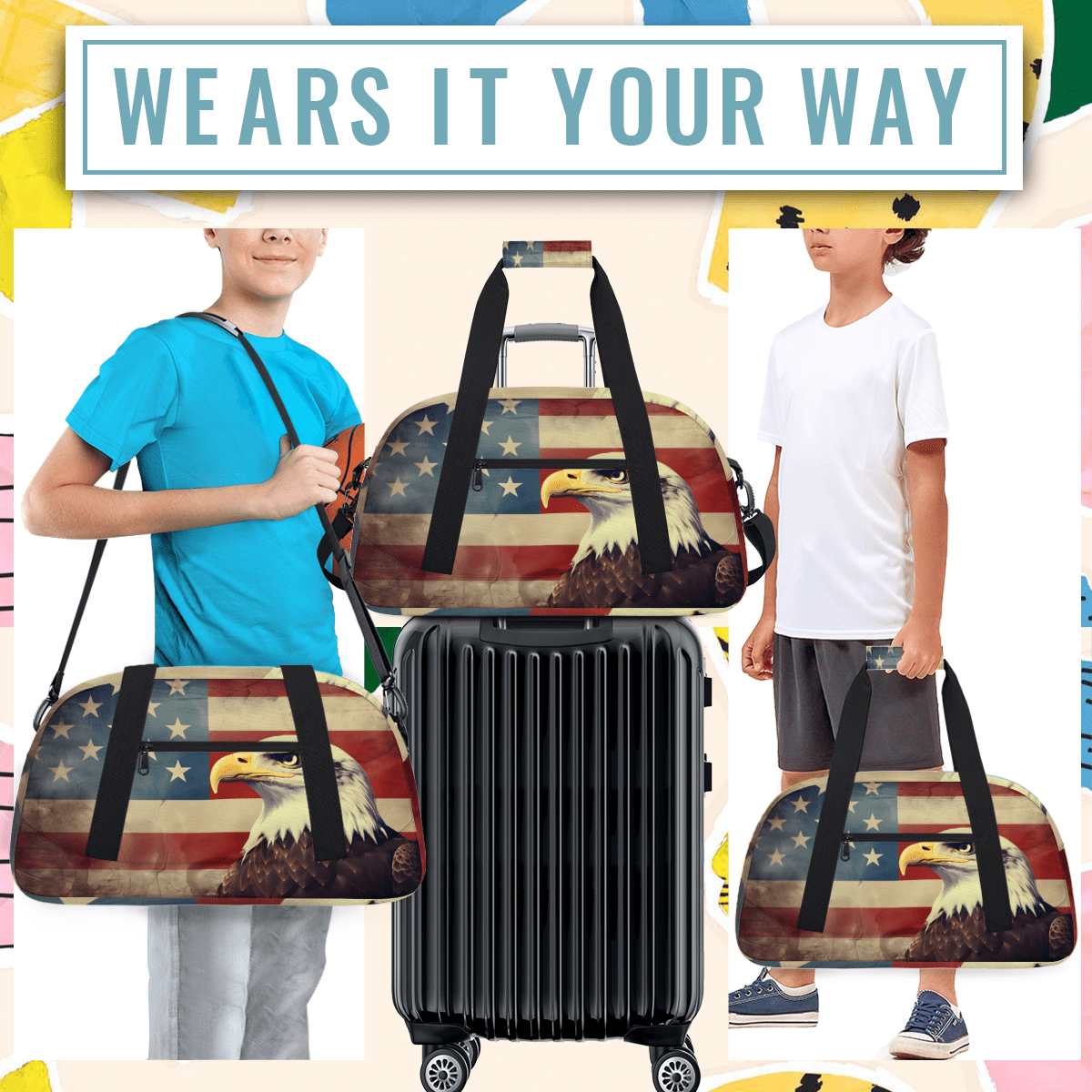 Herdesigns American Flag Eagles Sports Duffle Bag for Women & Men, Patriotic USA Flag Gym Bag Dance Bag Overnight Bag Carry On Weekender Travel Bag