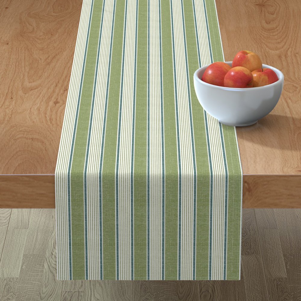 Table Runner Ticking Striped Vertical Green Beige Cotton Sateen