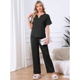 thumbnail image 2 of DARING DIVA Satin Pajamas Silky Short Sleeve V Neck Shirt Long Pant Set S Black, 2 of 7