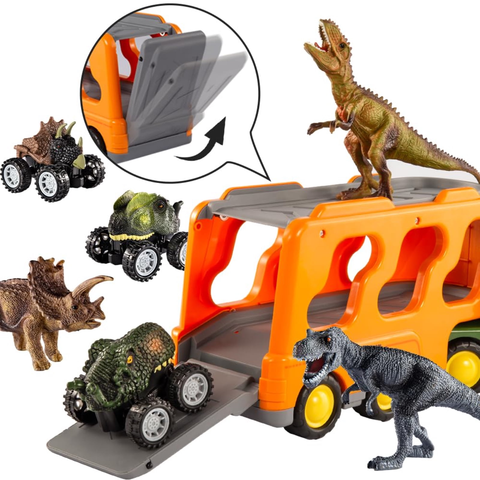 Dinosaur Truck Toy for Toddlers, Transport Carrier Dino Play Set with 3 Dinosaur Figures and 3 Cars, Lights and Music, Gift for Boys Girls Ages 3-5