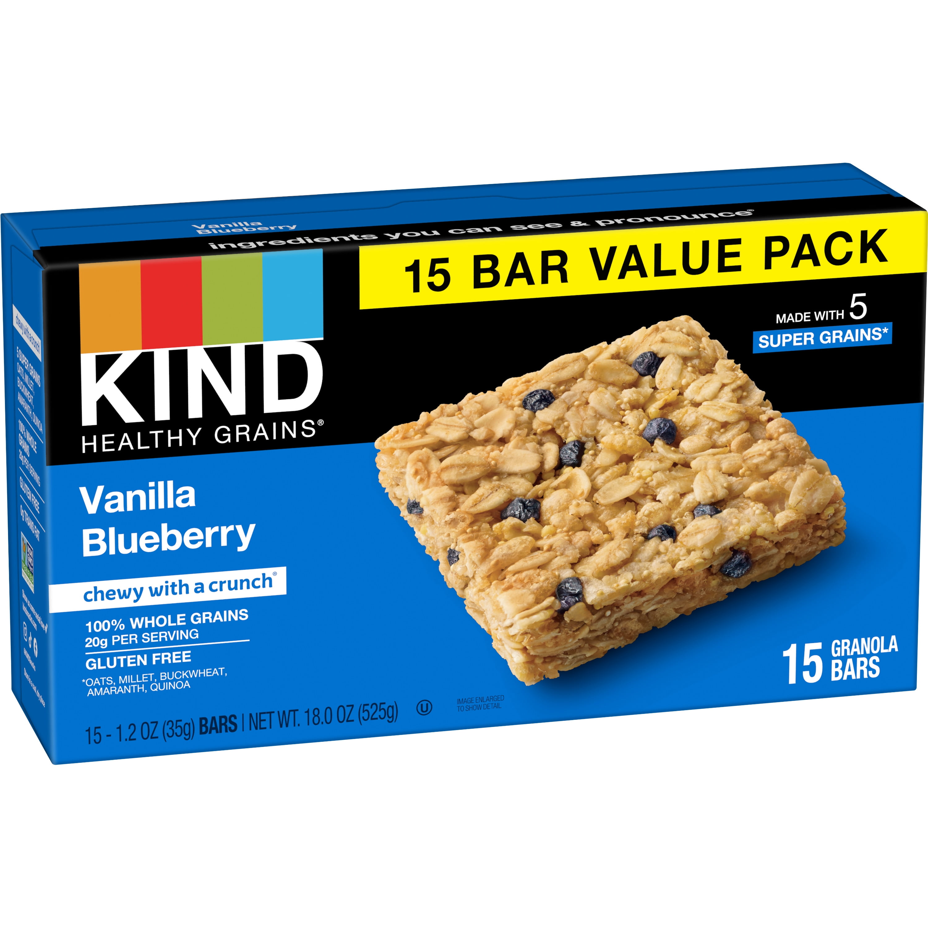 KIND Healthy Grains Gluten Free Vanilla Blueberry Snack Bars, Value Pack, 1.2 oz, 15 Count Box