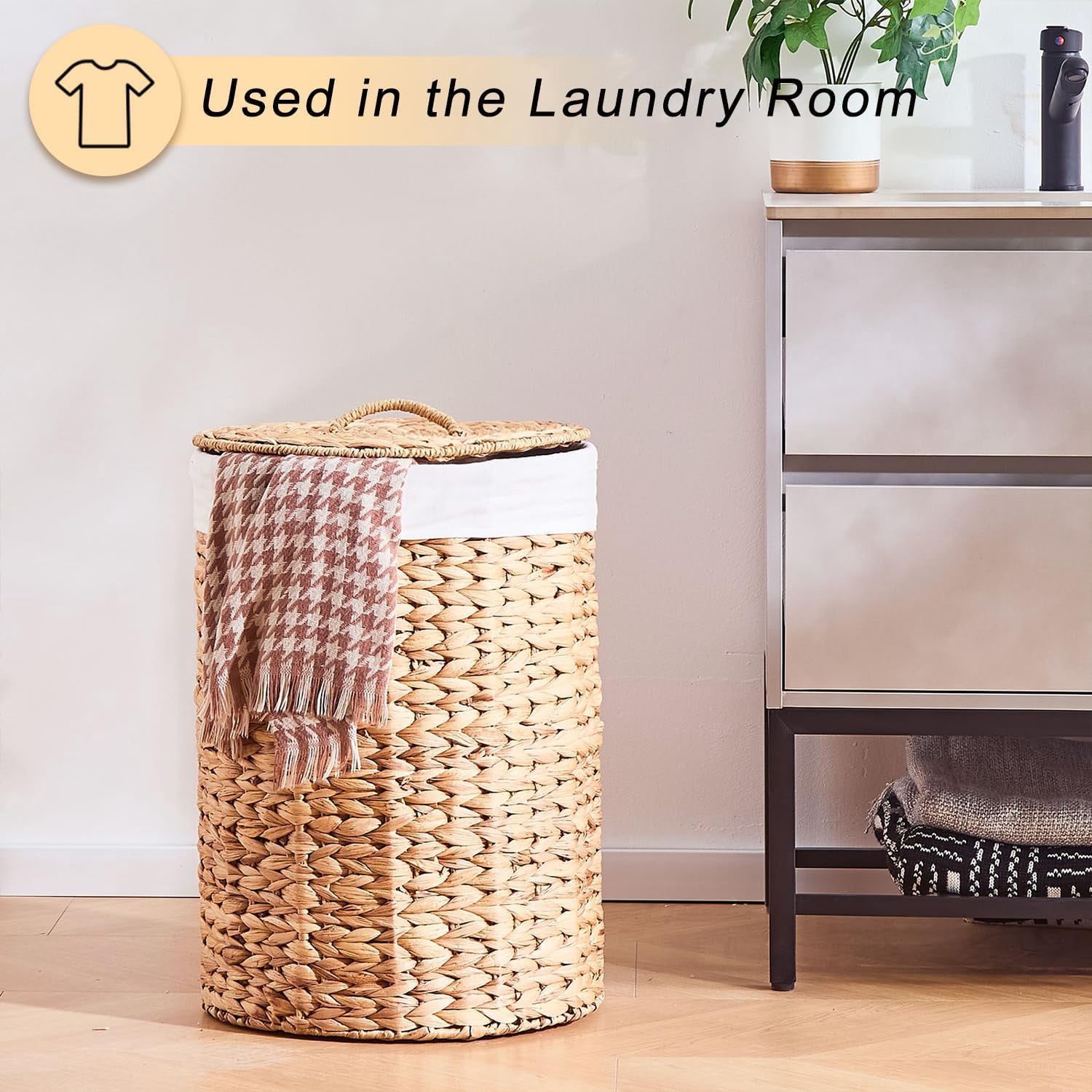 Casa Pura Furniture Handwoven Water Hyacinth Laundry Hamper with Lid, 60L Wicker Storage Basket with Handles for Home Organization, Bedroom Bathroom Use