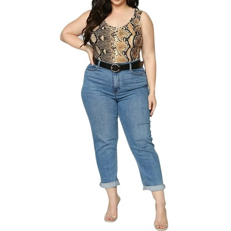- Plus Size Women Snake Skin Bodysuit Ladies Bodycon Sleeveless Stretch Jumpsuit