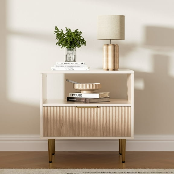 Nightstand with Drawer, Bed Side Table with Storage, End Table with Open Space for Bedroom, Modern Nightstand with Golden Handle, Side Night Stand for Bedroom, Living Room, Oak