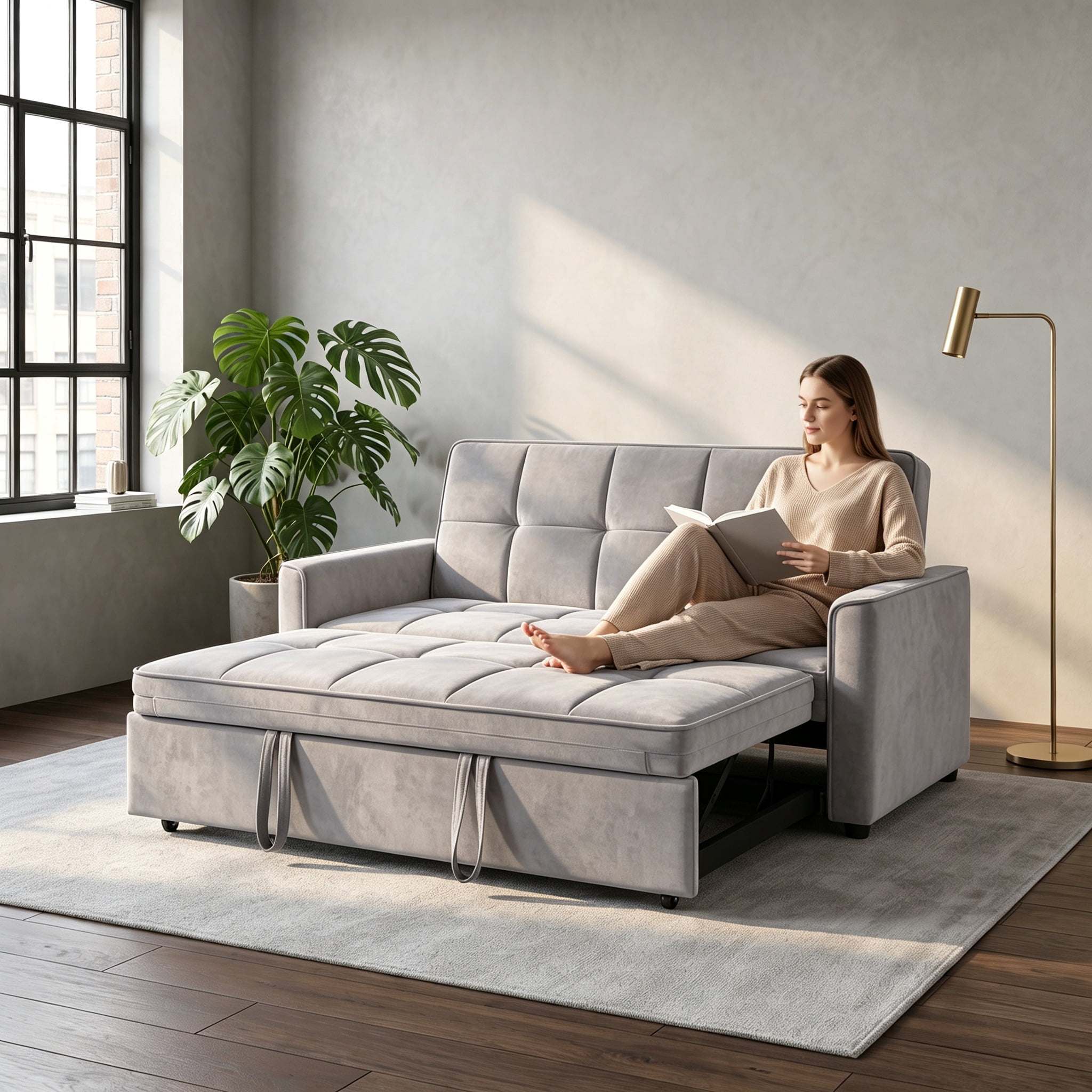 54" Convertible Sleeper Sofa Bed, Modern Velvet 3-in-1 Pull Out Loveseat Couch with 5-Position Backrest & Side Storage Pocket for Living Room, Light Gray