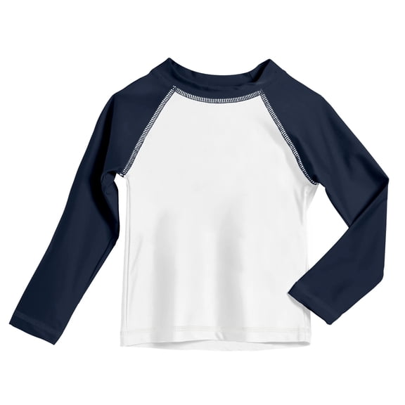 Made in USA Boys UPF 50  Color Block Solid Long Sleeve Rashguard | White with Navy
