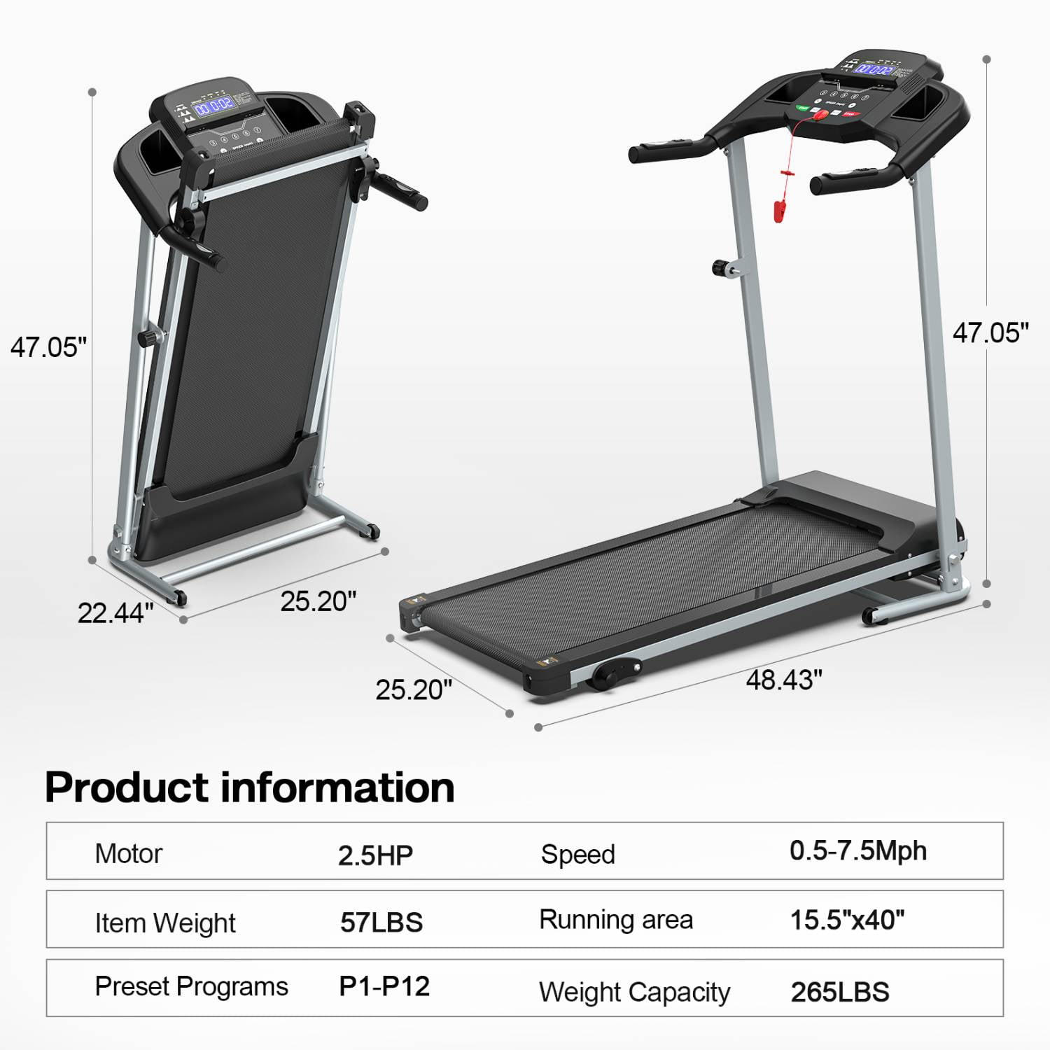 SLOK 2.5HP Folding Treadmill, 7.5MPH Running Machine with 12 Programs & LCD Display, Compact Exercise Equipment for Home Gym, Grey