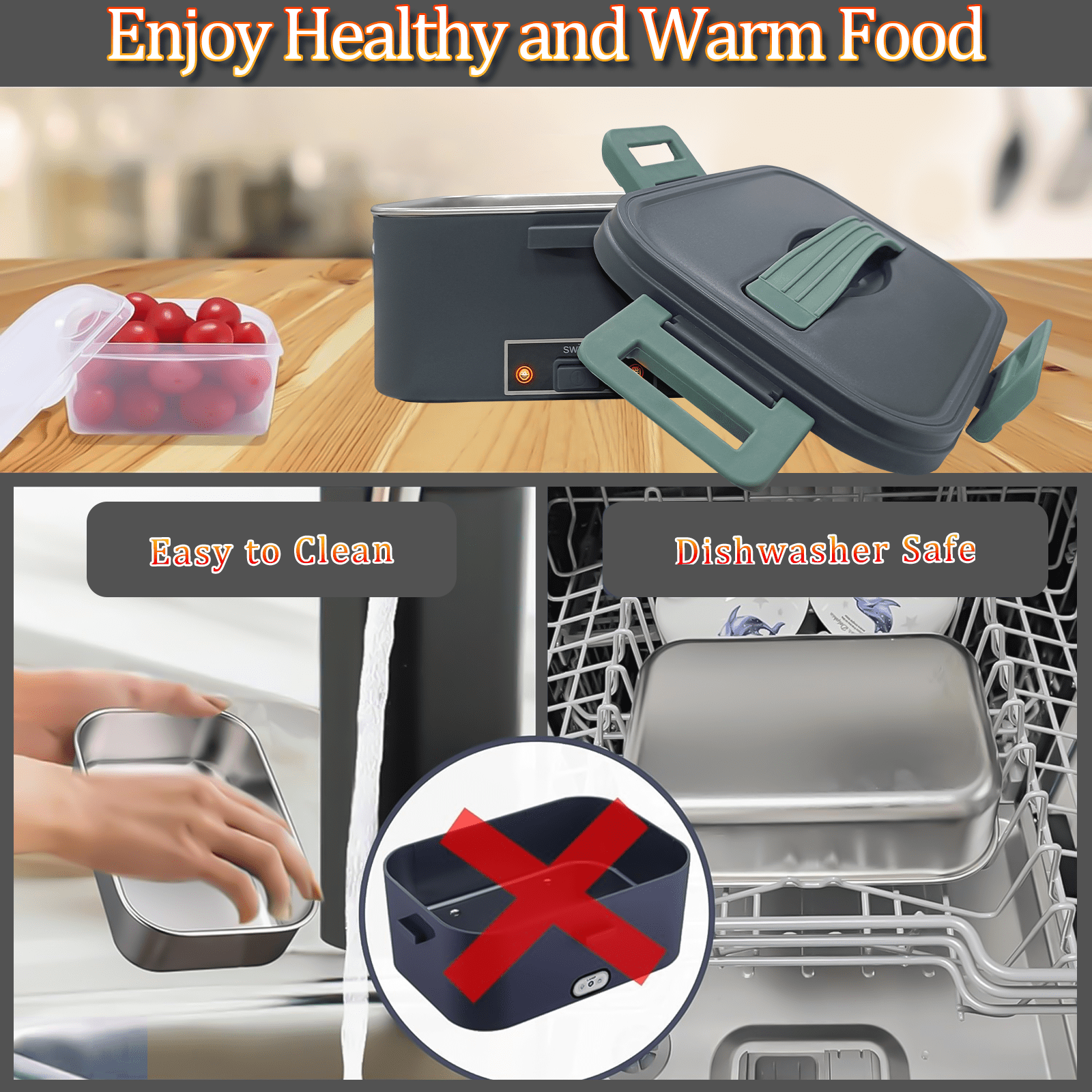 Electric Heated Lunch Box 100W -1.8L Fast Self Heating Lunch Boxes Portable Food Heater for Adults,12V/24V/110V with Leak-Proof Compartment Lid for Car Truck Office Home Green (3 Times Faster)
