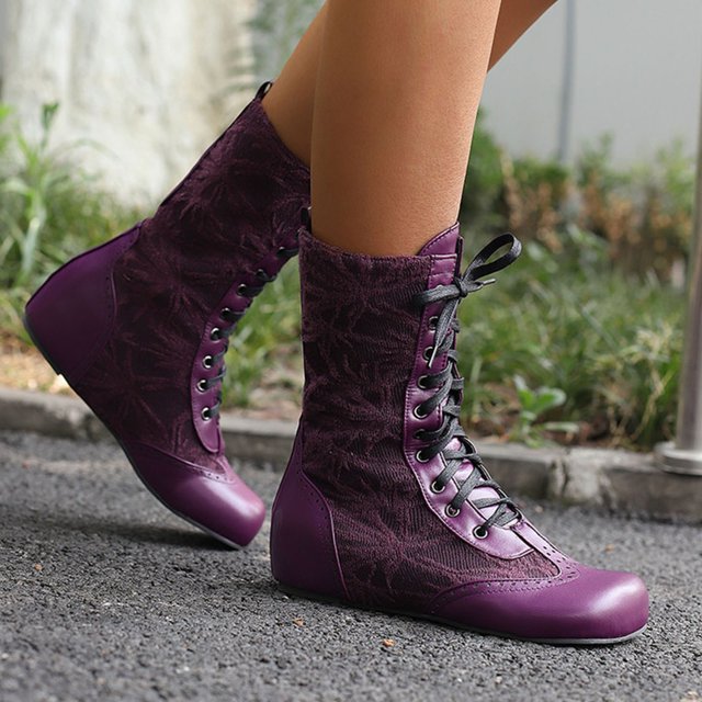 Fankiway Bottes Mi-Mollet à Lacets pour Femmes Semelle Plate Bout Rond Style Vintage Bottes d'Hiver Mode Violet
