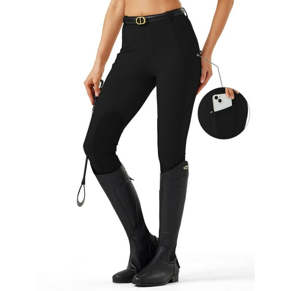 Women's Horse Riding Pants with Zipper Pockets Knee-Patch Schooling Tights Equestrian Breeches for Women Black S